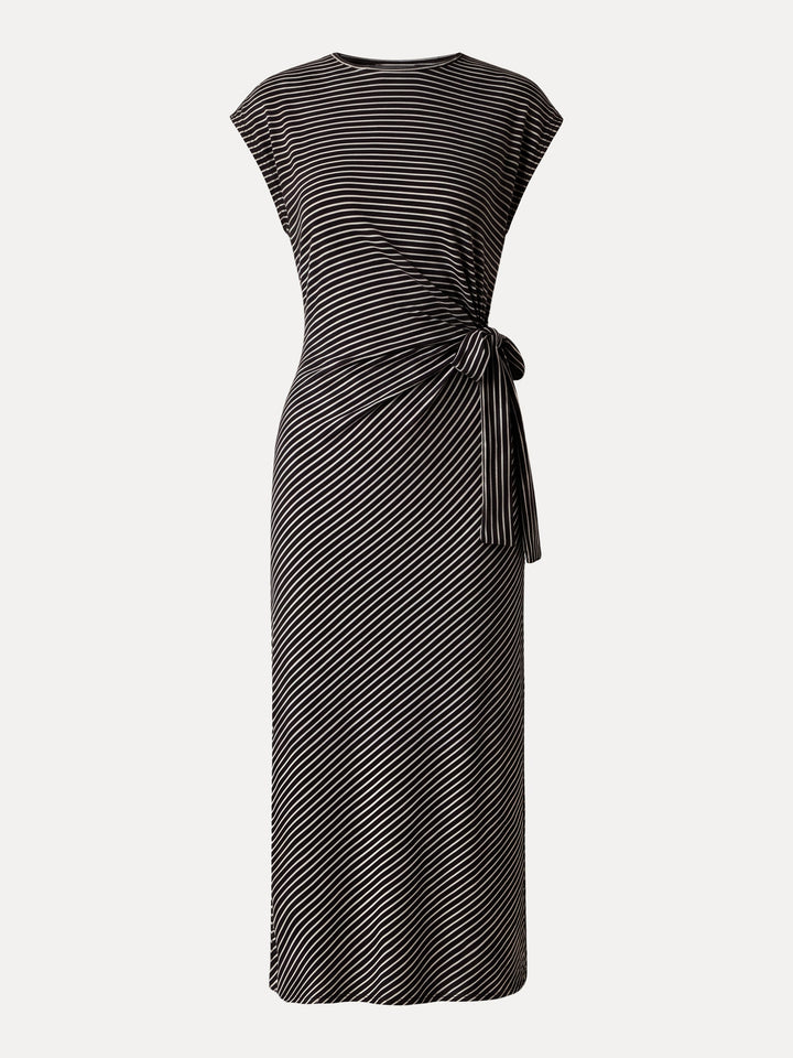 Striped Relaxed Midi Dress with Self-Tie