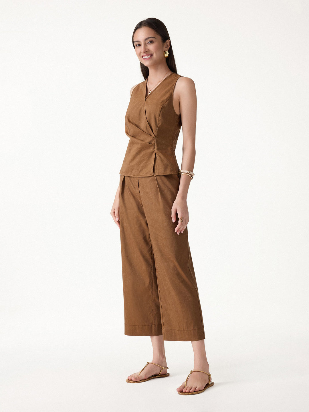 2Pcs Set Top with Side Twist & Cropped Wide Leg Pants