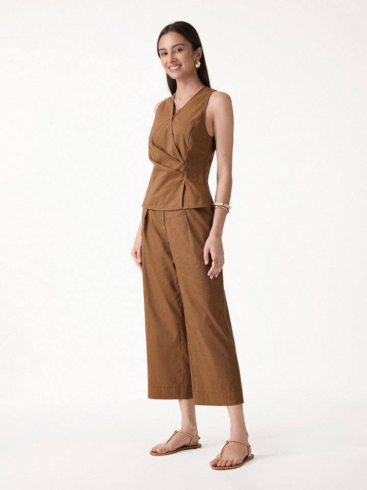 2Pcs Set Top with Side Twist & Cropped Wide Leg Pants