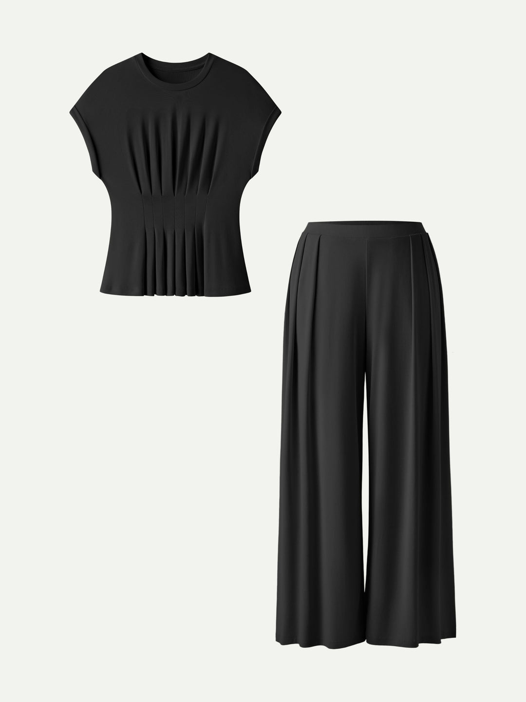 2Pcs Set Round Neck Short Sleeve Tee & Wide Leg Pants with Pockets