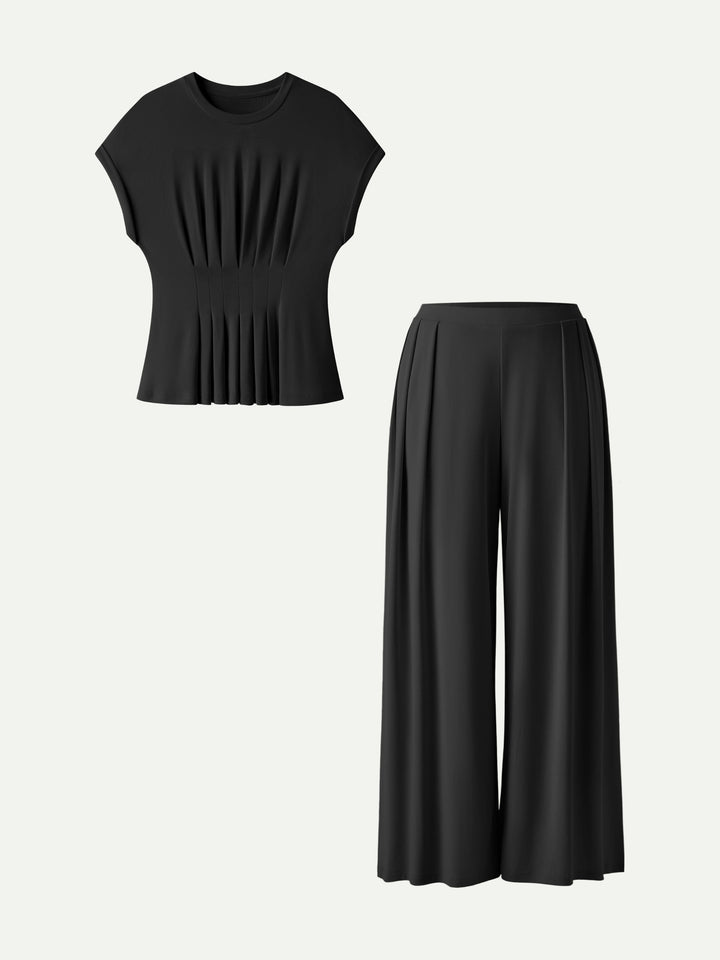 2Pcs Set Round Neck Short Sleeve Tee & Wide Leg Pants with Pockets