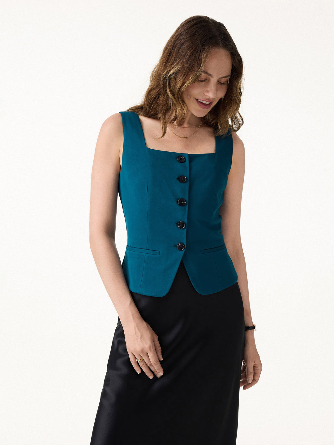 Stretch Ponte Square Neck Cropped Waistcoat with Pockets