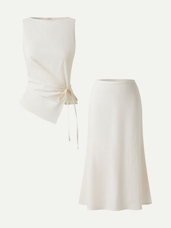 2Pcs Set Boatneck Waist-Defined Top & Maxi Flared Pull-On Skirt