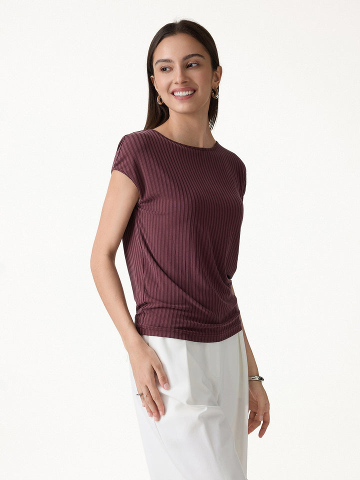 Wrinkle-Free Ultra-soft Boatneck Cap Sleeve Ribbed Top