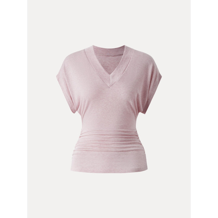 Semi-sheer Lyocell Cashmere Blend V-neck Short Sleeve Side Ruched Tee
