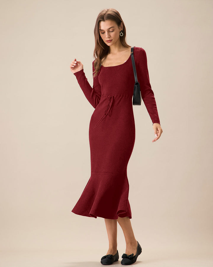 Red Square Neck Mermaid Sweater Dress