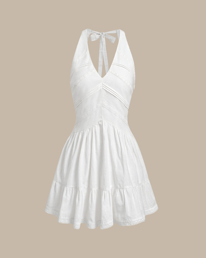 White V Neck Pleated Backless Mini Dress