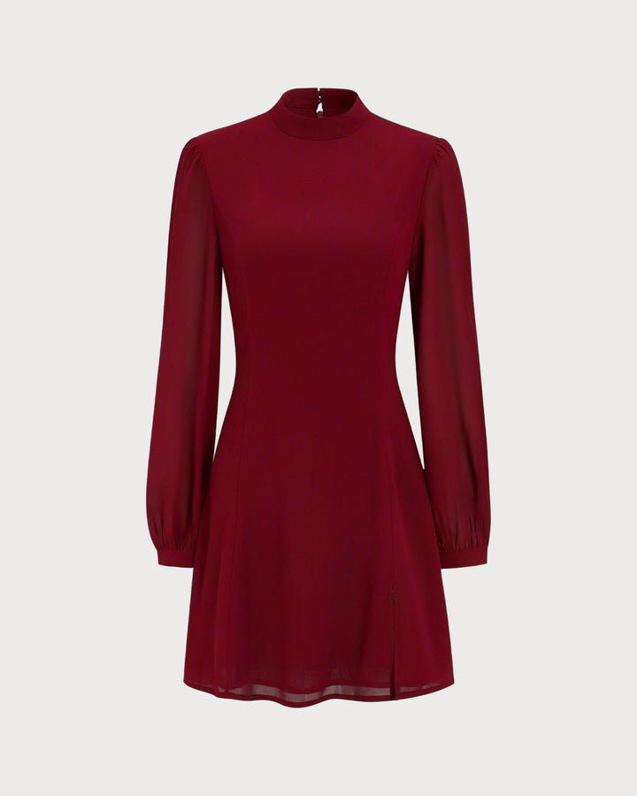Red Mock Neck See-Through Mini Dress