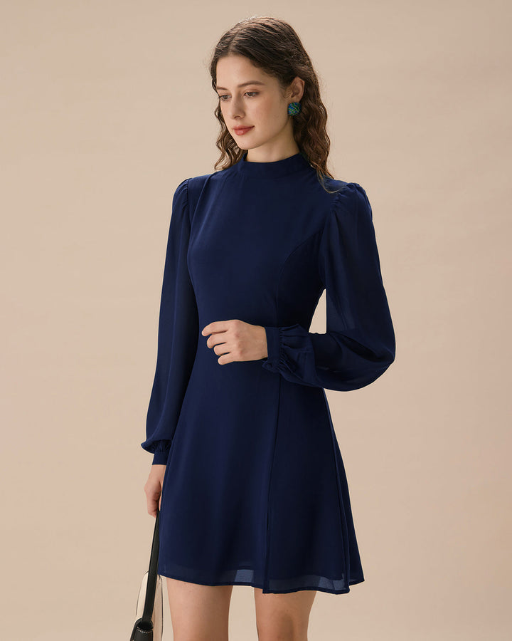 Blue Round Neck Tunic Mini Dress