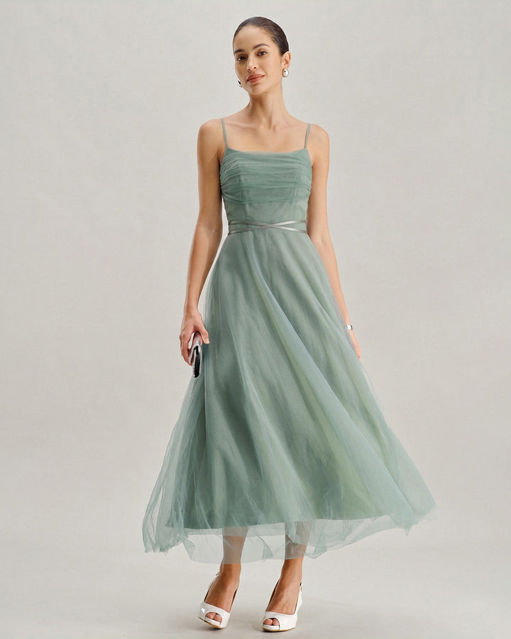 Green Mesh Flowy Slip Midi Dress