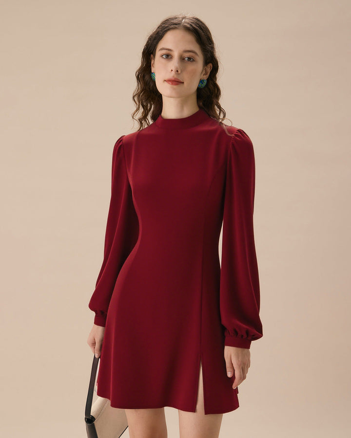 Red Mock Neck See-Through Mini Dress