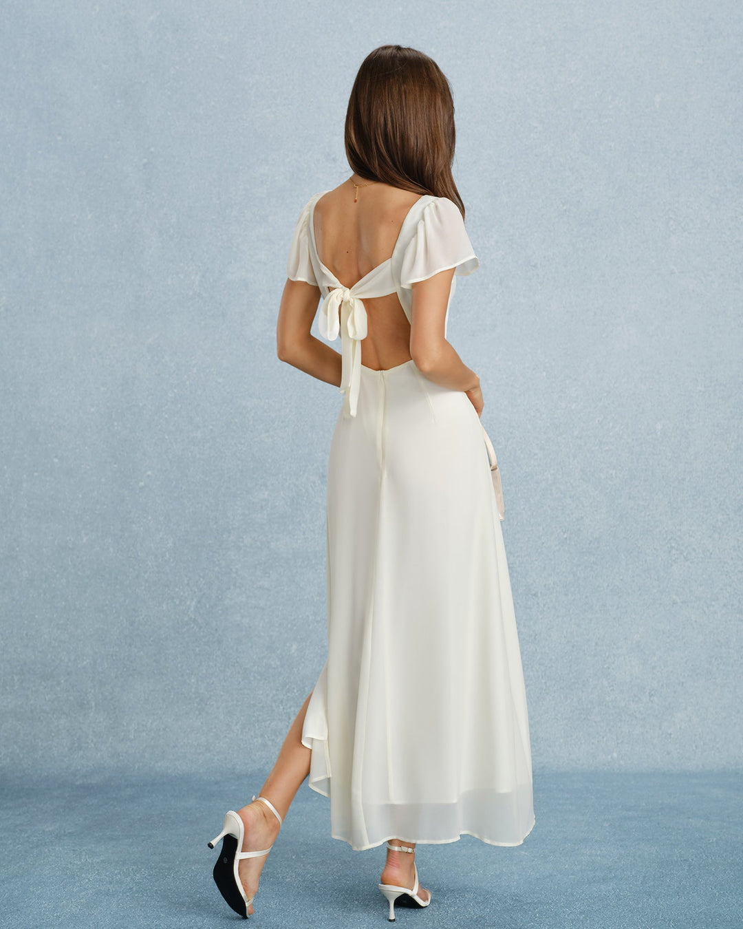 Apricot Sweetheart Neck Slit Chiffon Maxi Dress