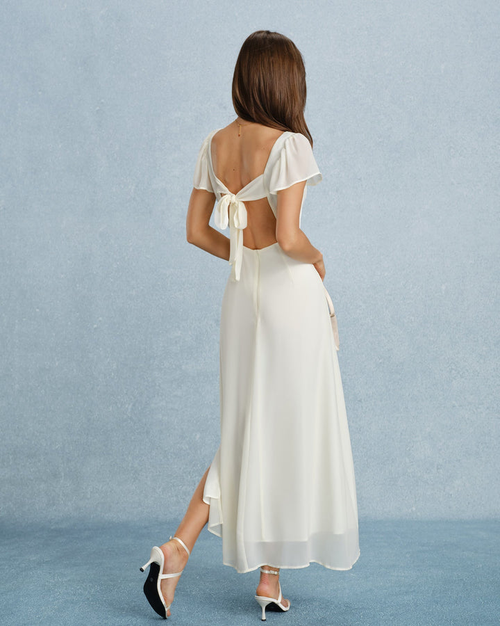 Apricot Sweetheart Neck Slit Chiffon Maxi Dress