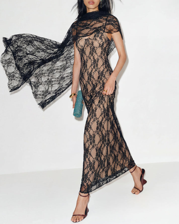 Black Lace Splicing Slip Maxi Dress