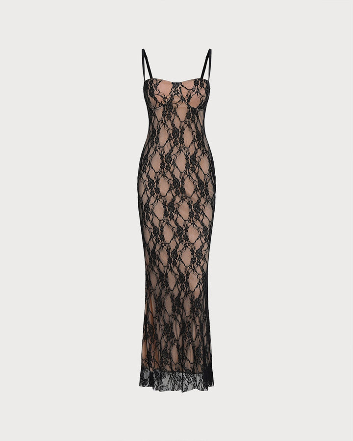Black Lace Splicing Slip Maxi Dress