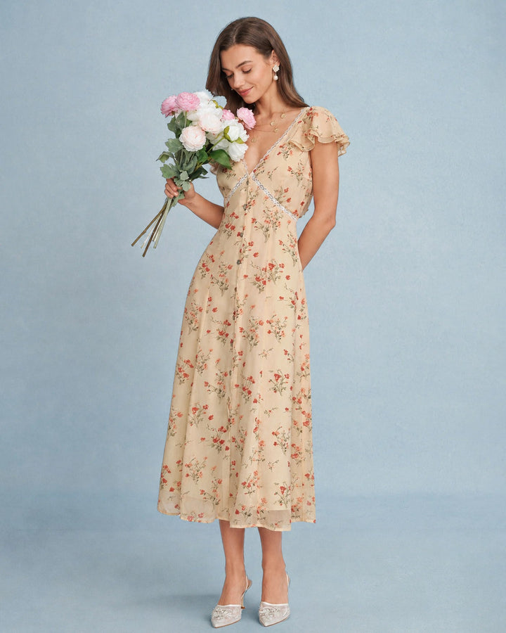 Yellow Butterfly Sleeve Tie Floral Midi Dress