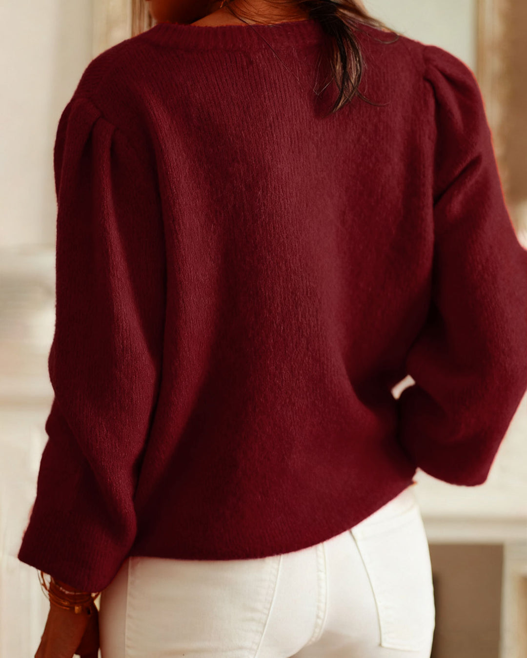 Wine Red Round Neck Casual Knit Cardigan