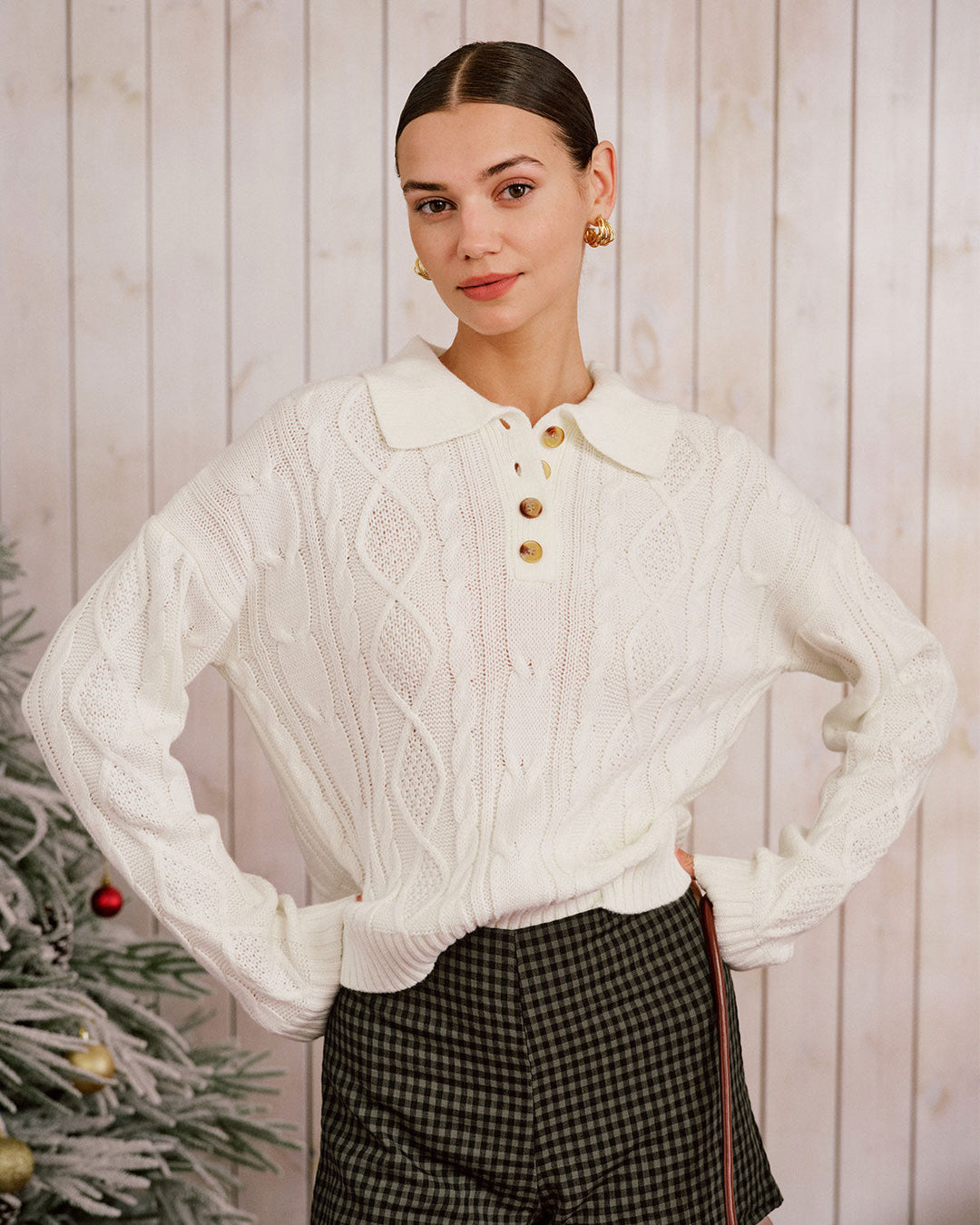 Beige Drop Shoulder Button Sweater