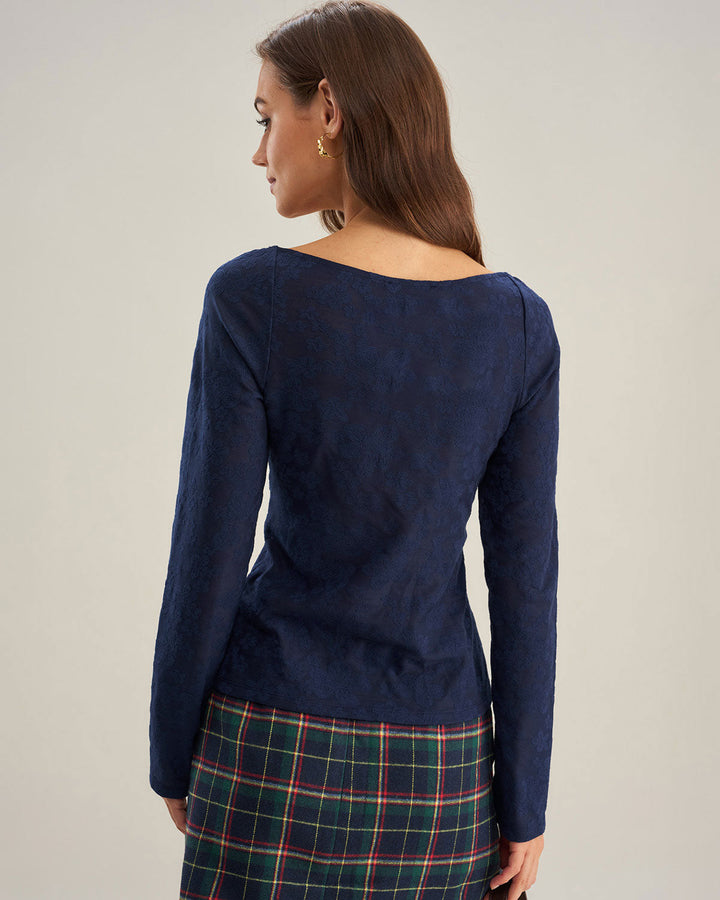 Navy Sweetheart Neck Lace Tee