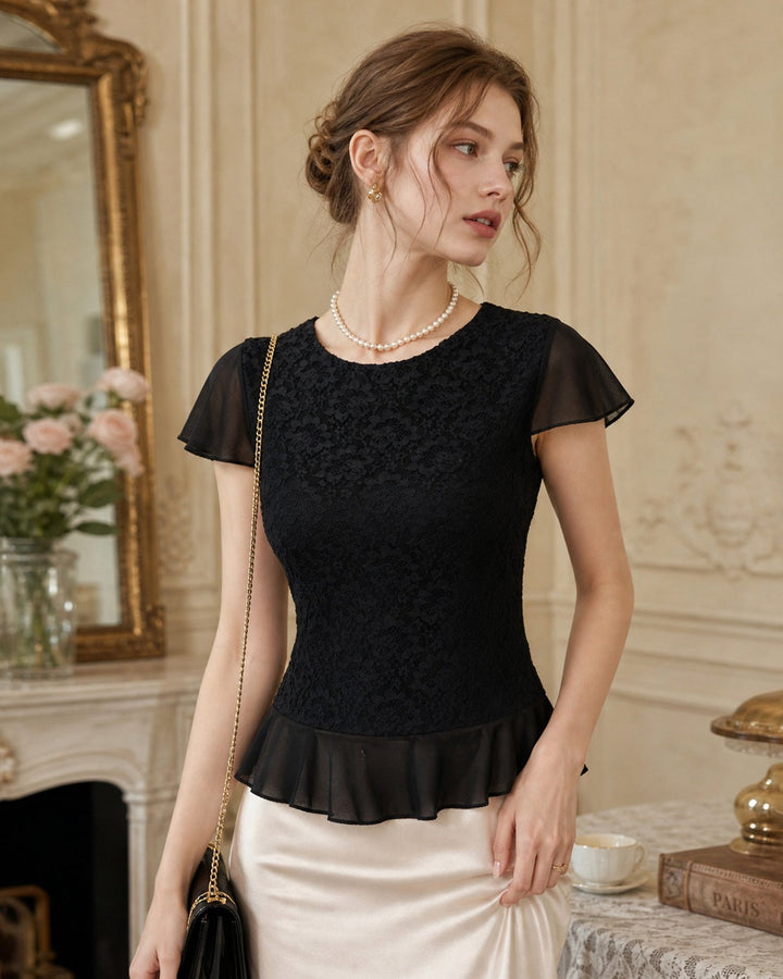 Black Round Neck Lace Splicing Tee