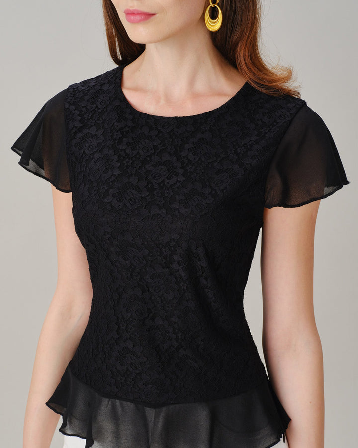 Black Round Neck Lace Splicing Tee