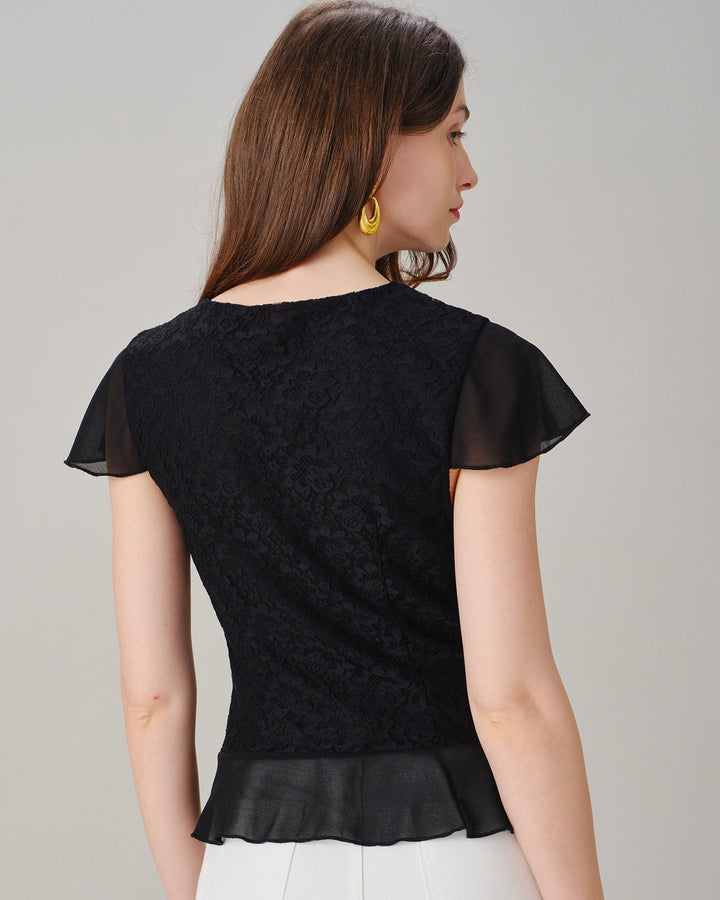 Black Round Neck Lace Splicing Tee