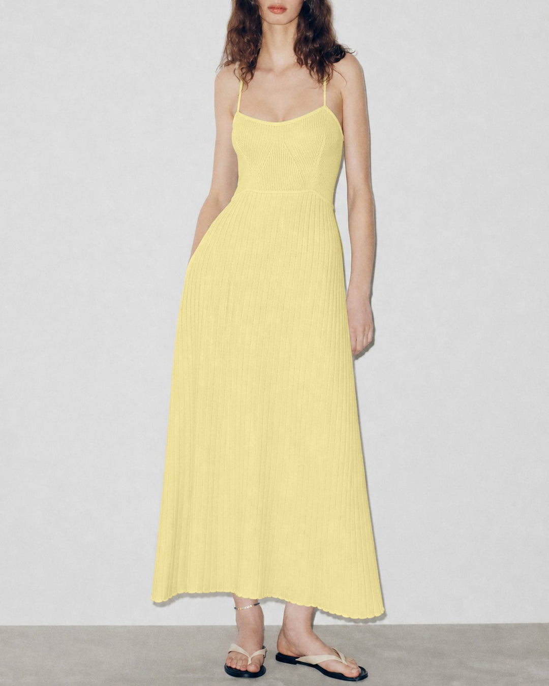 Yellow Textured Slip Sweater Midi Dress