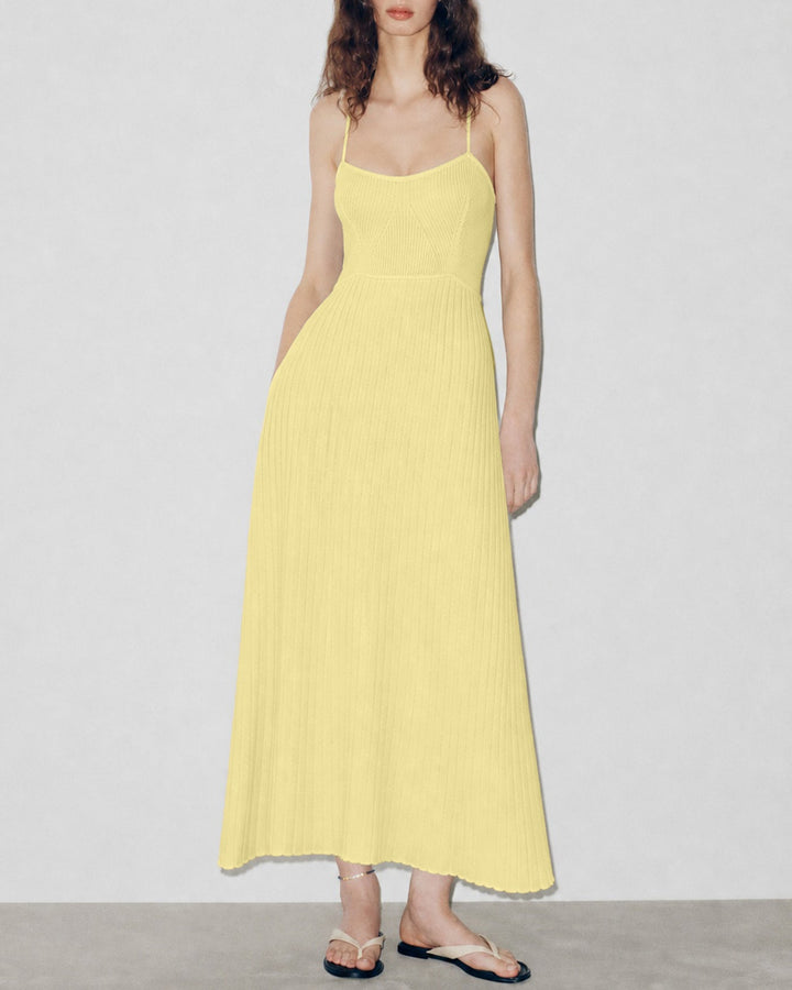 Yellow Textured Slip Sweater Midi Dress