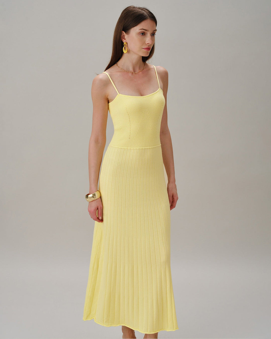 Yellow Textured Slip Sweater Midi Dress