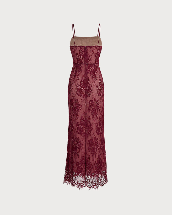 Wine Red Lace Slip Maxi Dress