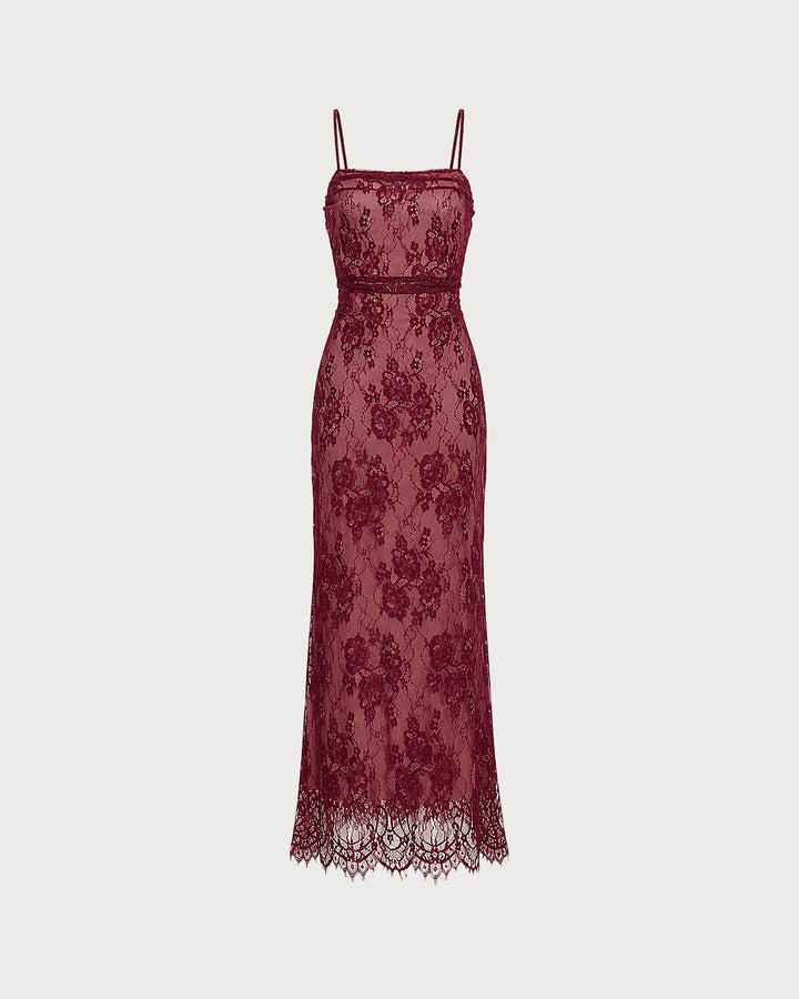 Wine Red Lace Slip Maxi Dress