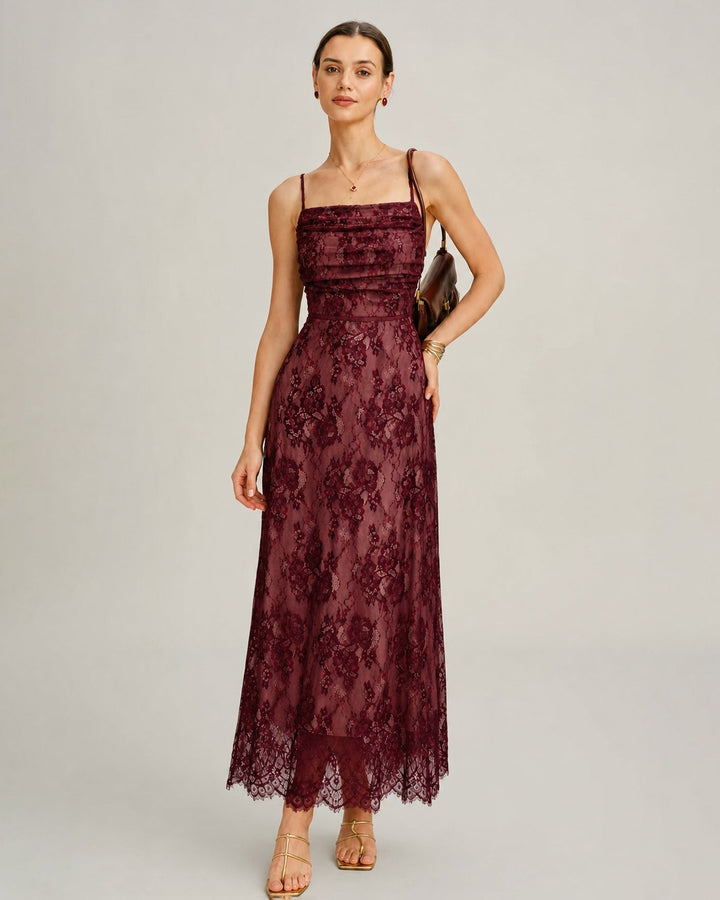Wine Red Lace Slip Maxi Dress