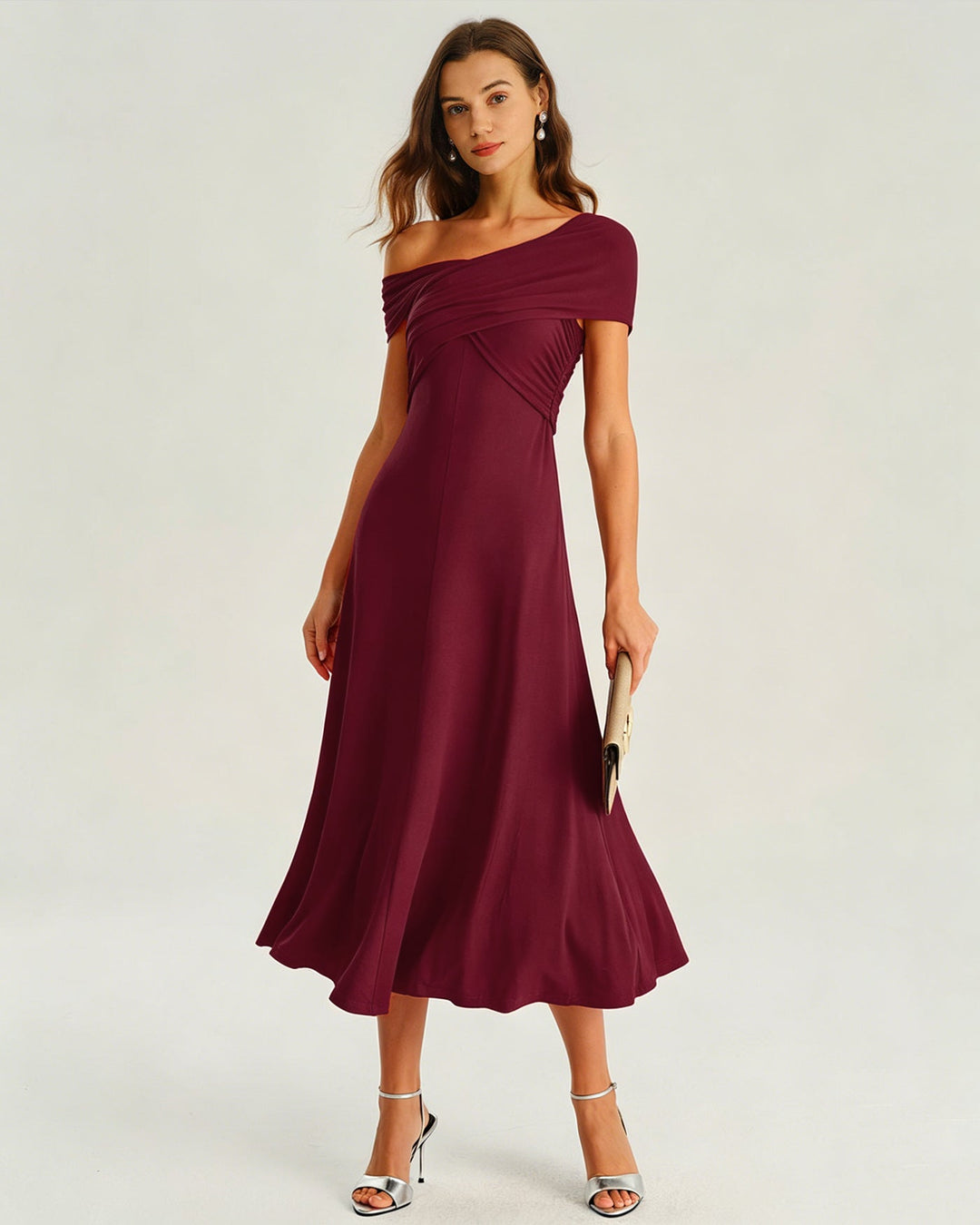 Wine Red One shoulder Ruched Midi Dress