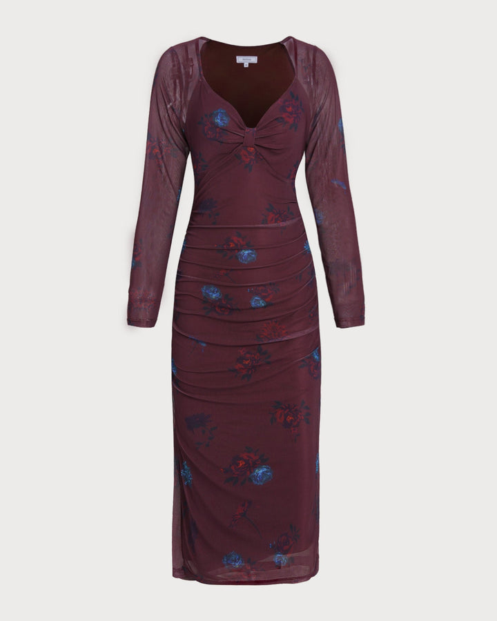 Purple V Neck Floral Midi Dress