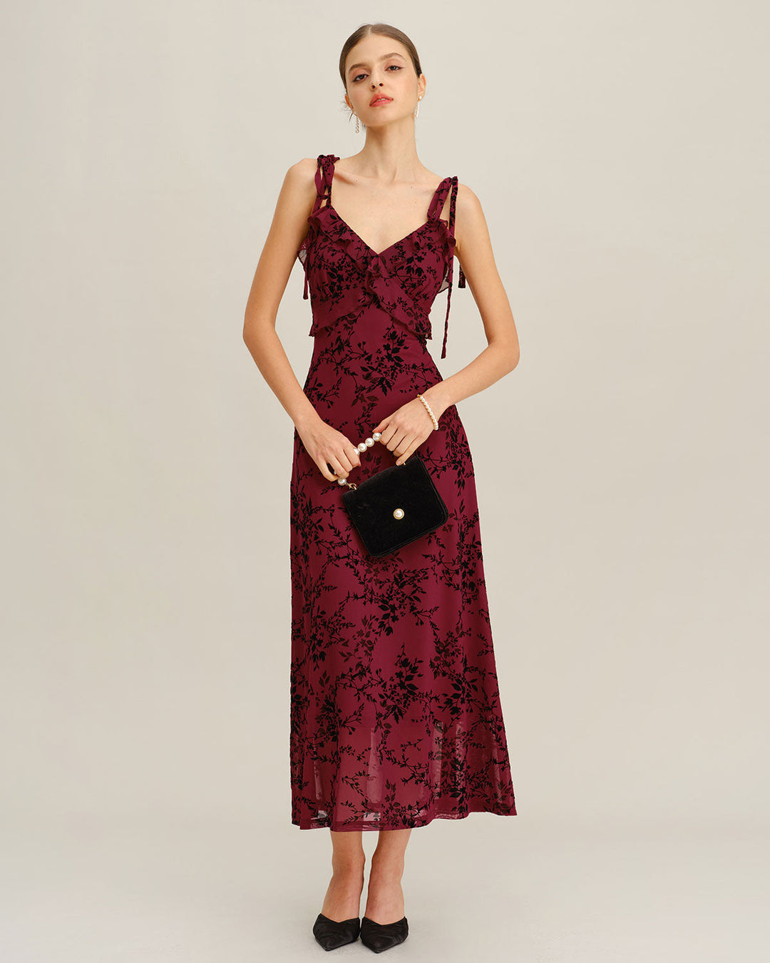 Red Floral Ruffle Slip Midi Dress