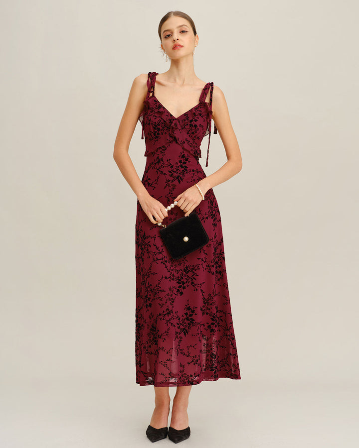 Red Floral Ruffle Slip Midi Dress