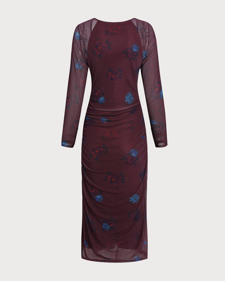 Purple V Neck Floral Midi Dress