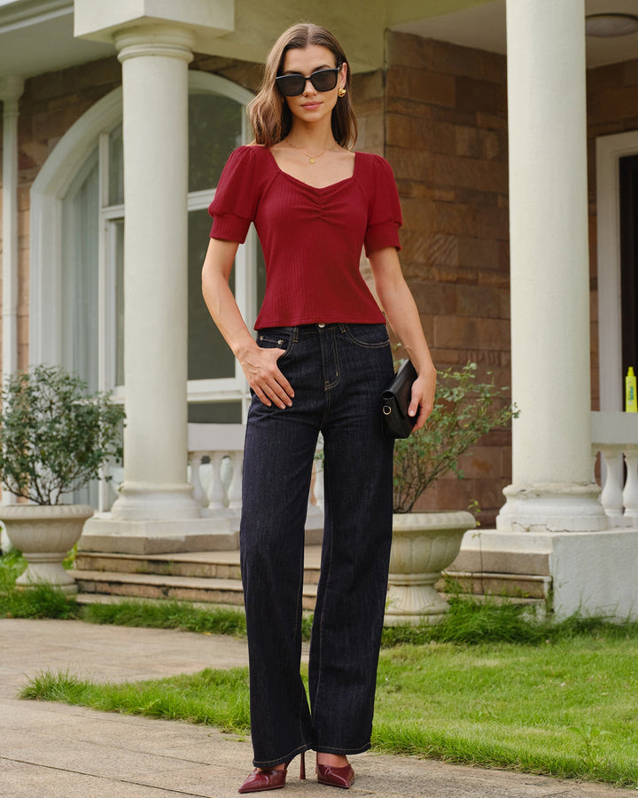 Red V Neck Lantern Sleeve Tee
