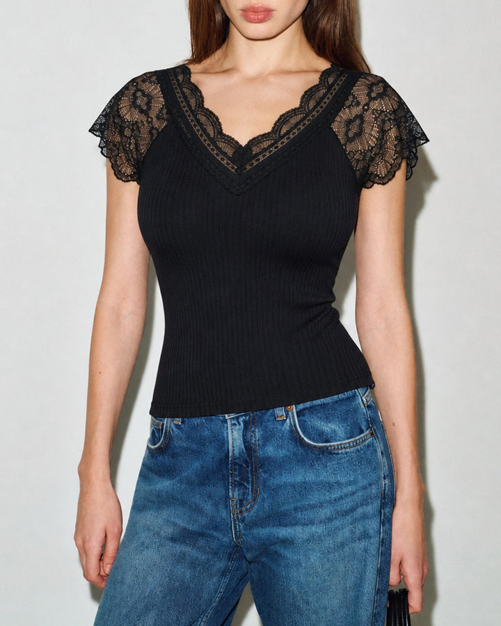 Black Solid V Neck Lace Splicing Tee