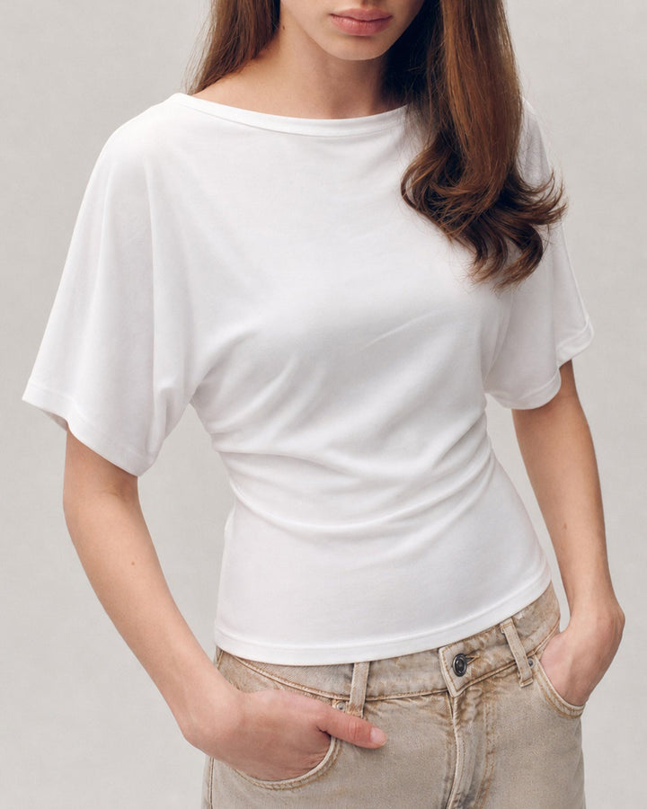 White Solid Boat Neck Knit Tee