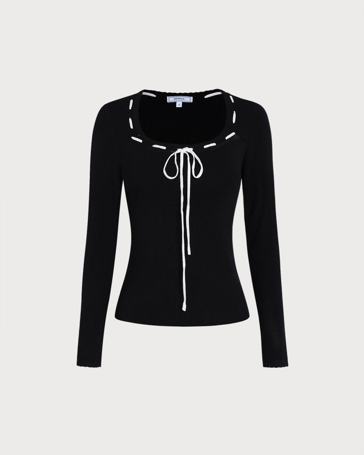 Black Square Neck Viscose Knit Top