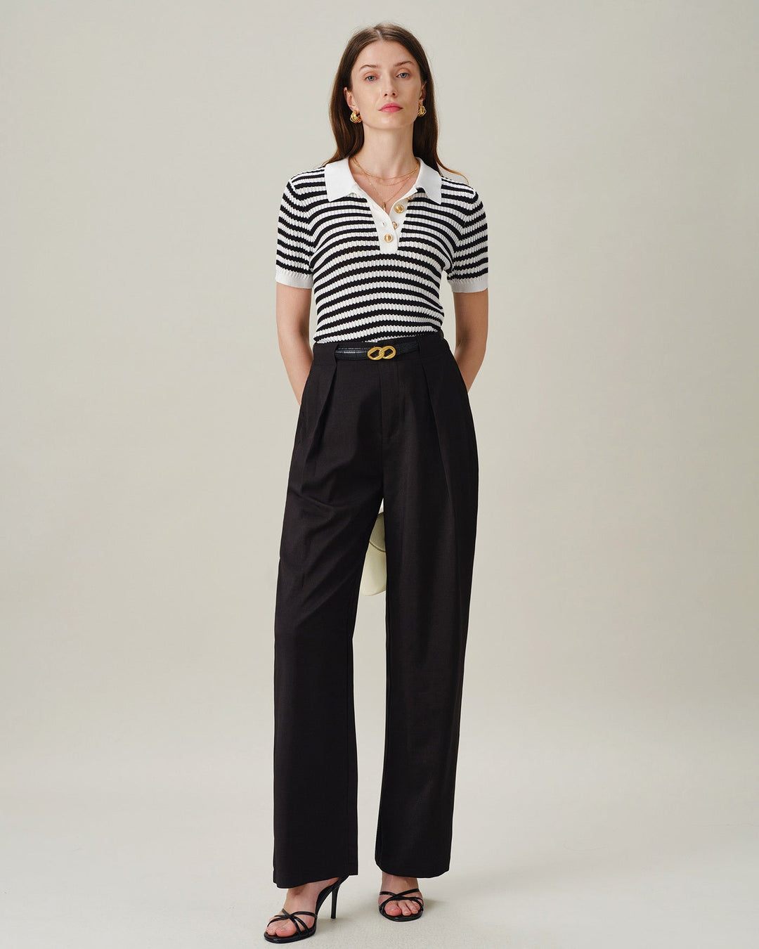 Black Collar Striped Button Knit Cardigan