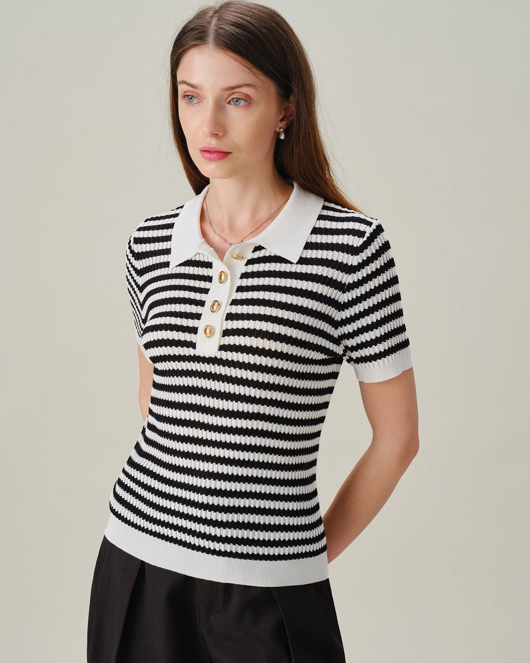 Black Collar Striped Button Knit Cardigan