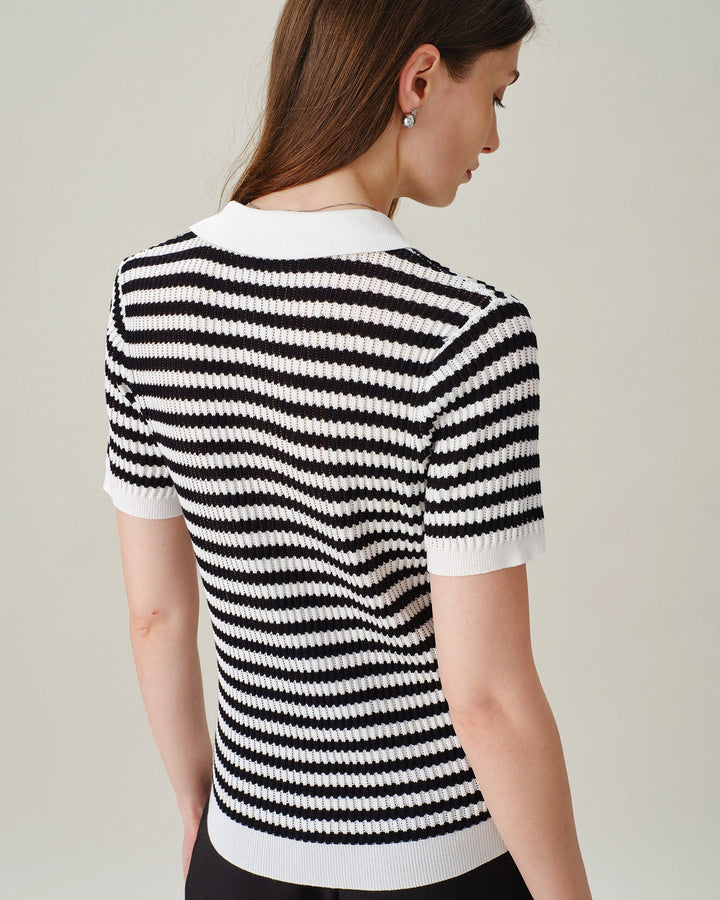Black Collar Striped Button Knit Cardigan