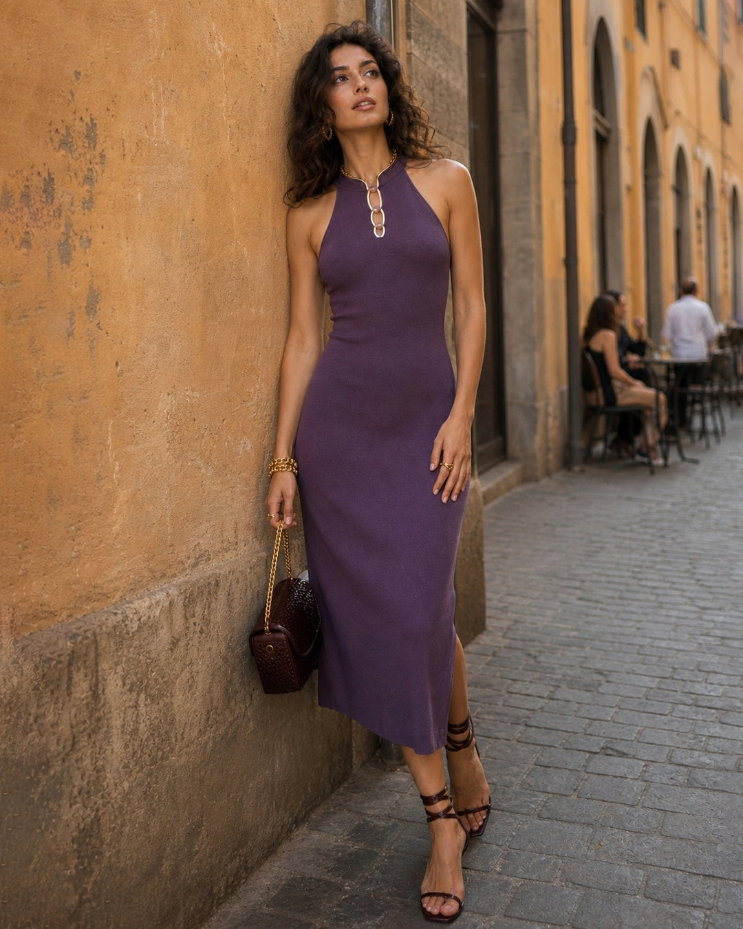 Purple Mandarin Collar Slit Mermaid Midi Dress