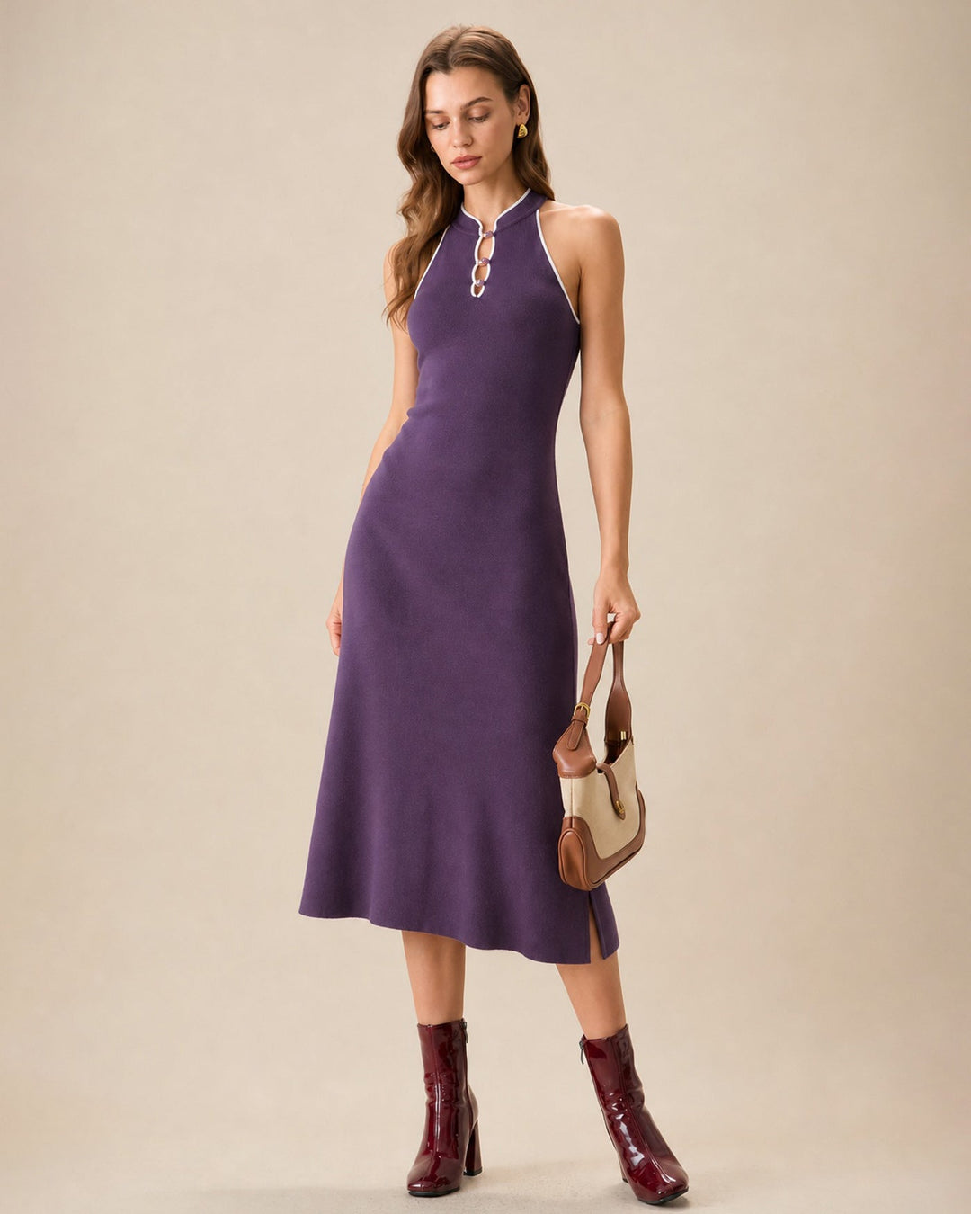 Purple Mandarin Collar Slit Mermaid Midi Dress