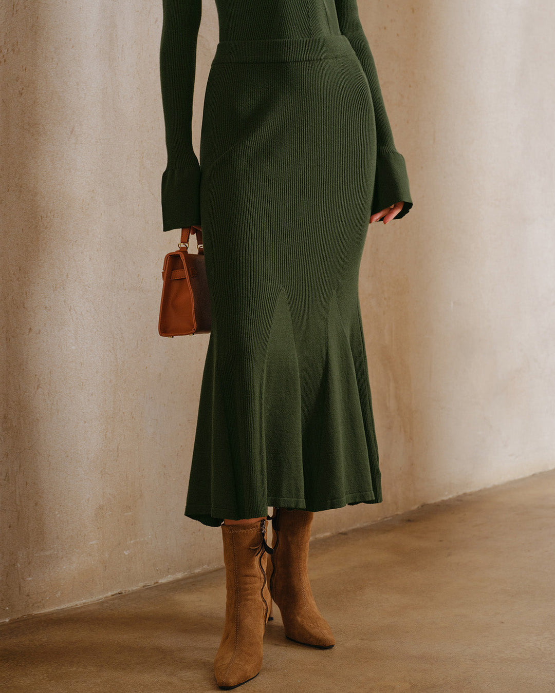 Green Knit Mermaid Midi Skirt