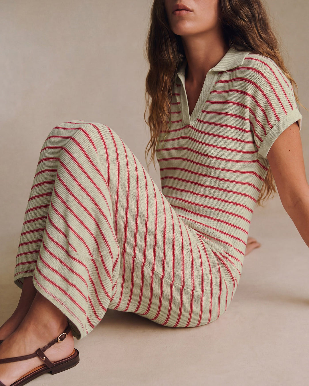 Camel V Neck Striped Midi Sweater Dress
