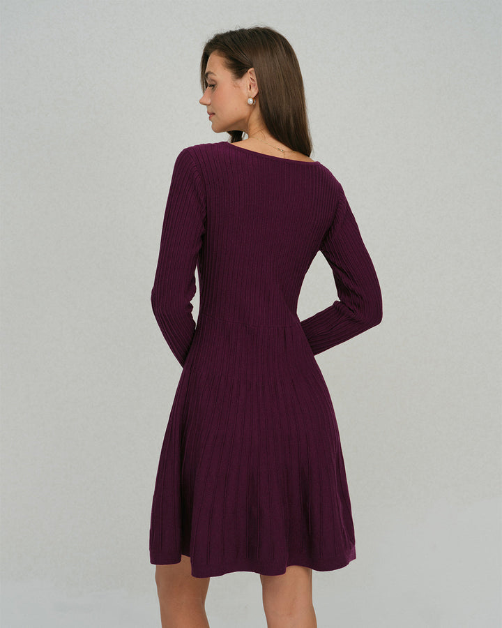 Purple Square Neck A-Line Sweater Dress