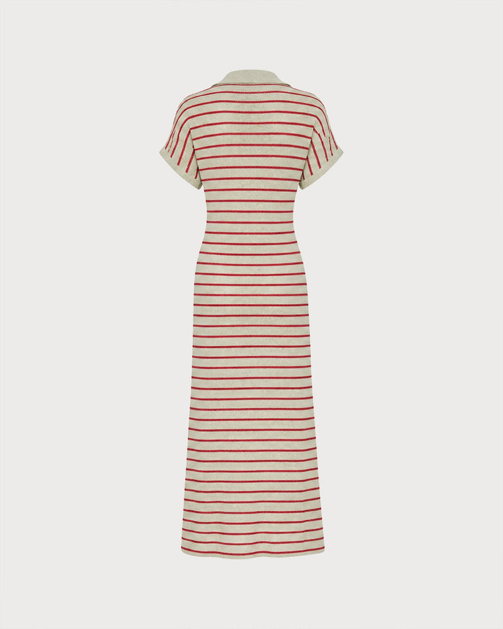 Camel V Neck Striped Midi Sweater Dress